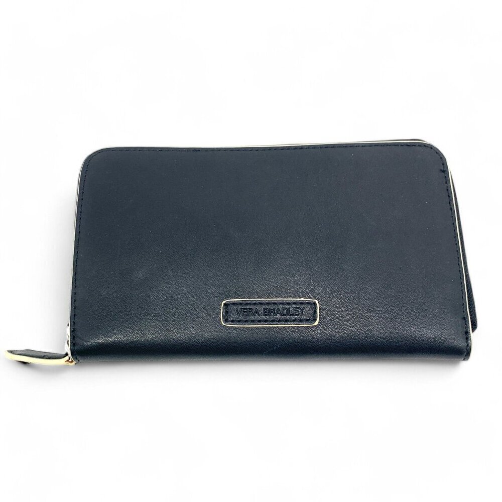 Vera Bradley Zip Around Accordion Style Leather Wallet Black w/Bl & Wh Leather